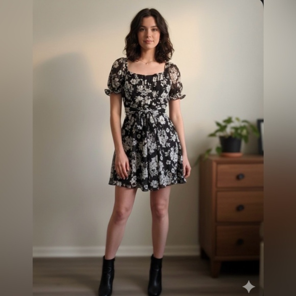 NWT Thirty Thirty Women’s Medium Black White Floral A-Line Mini Dress M